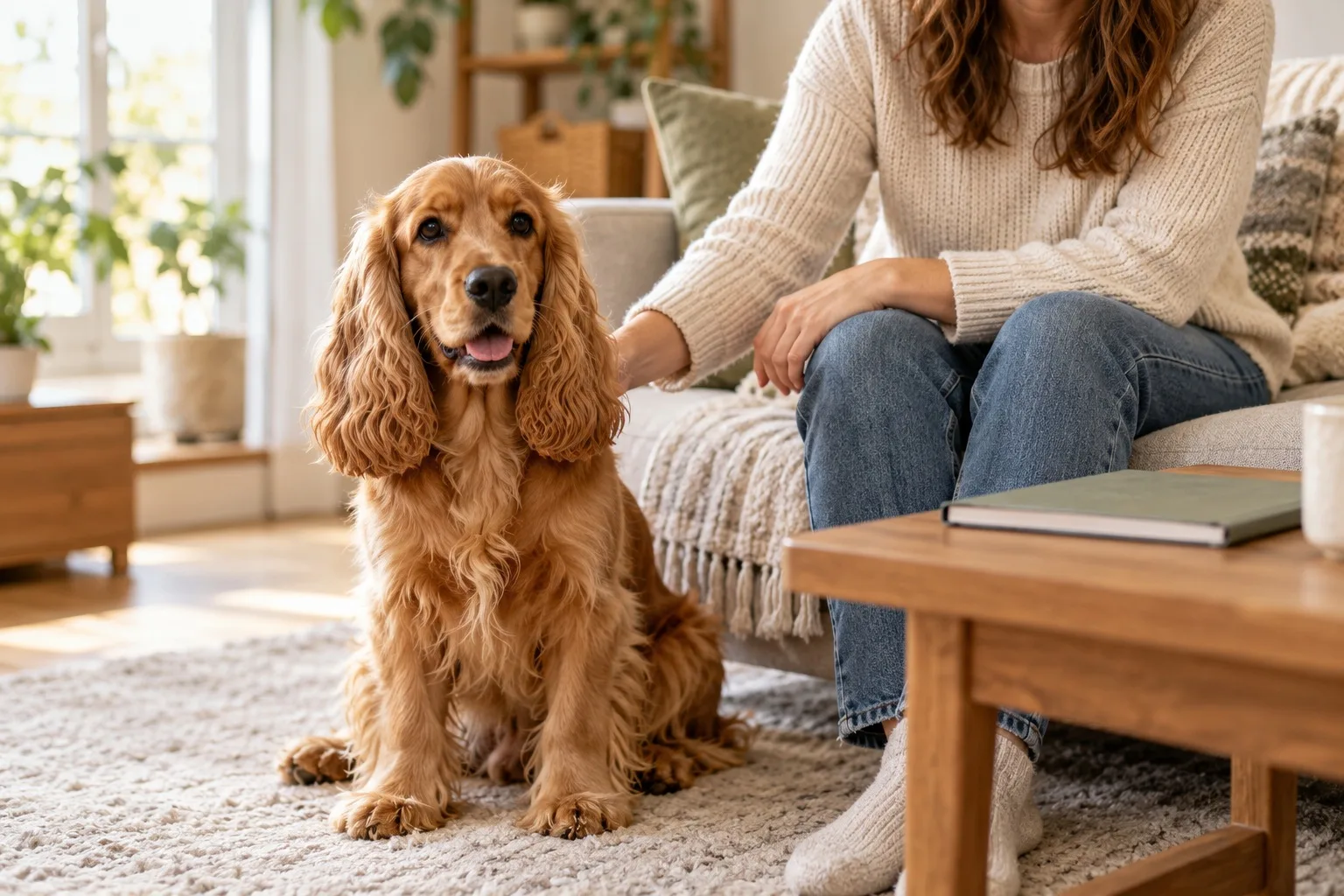 Cocker Spaniel beside an owner and a folder in a living room